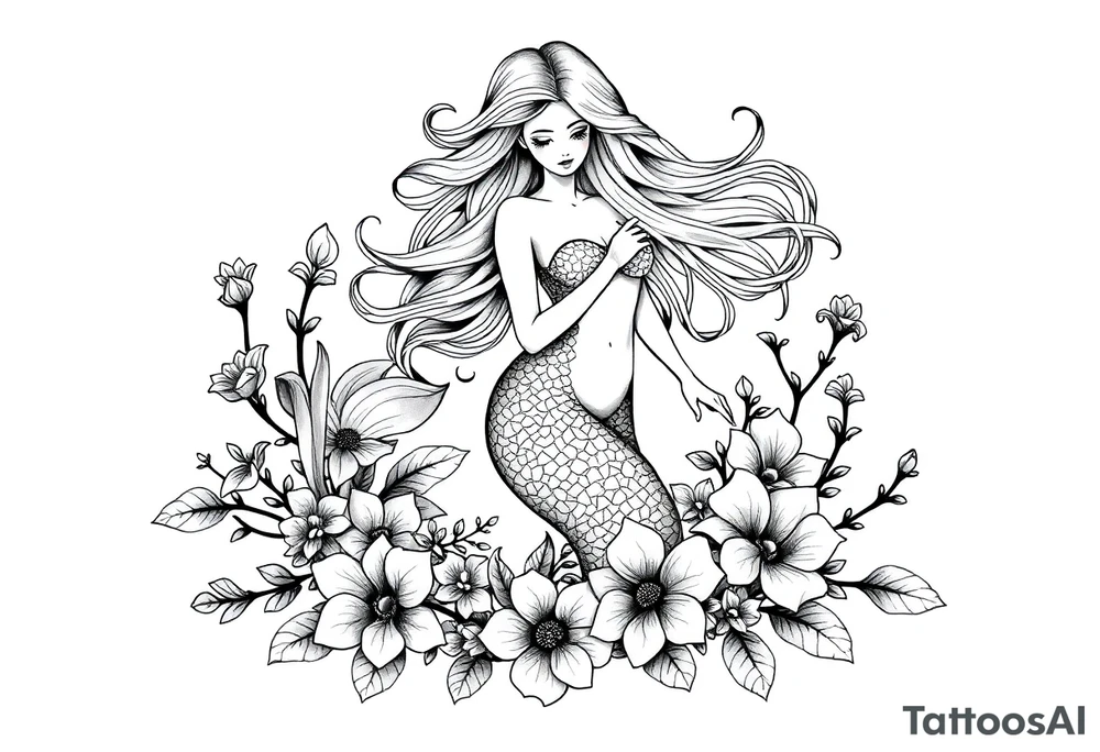 ethereal mermaid with flowing hair among coral and sea flowers tattoo idea