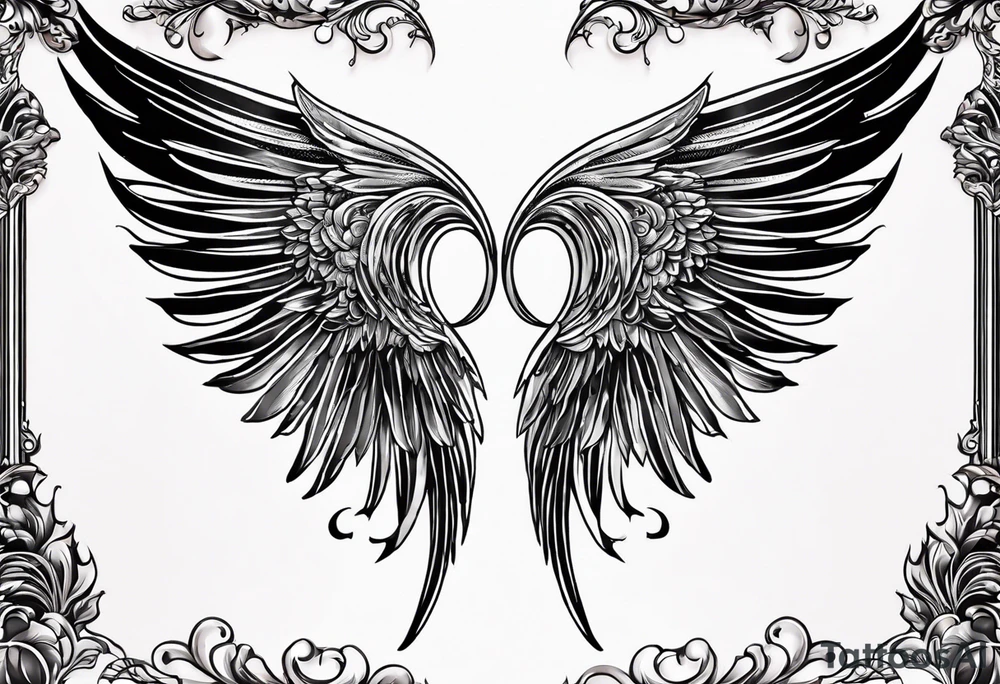 beautiful angel wings. with flilgree in the background tattoo idea