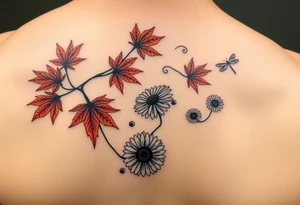 Create a vine with Maple leaves in red, orange and brown and gerbera daisies connected with thin swirly lines. Add in a dandelion wish and a dragonfly tattoo idea