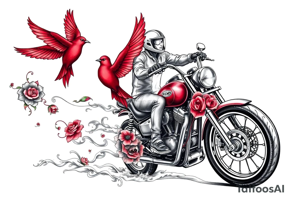 Motorcycle driving away, two red birds flying, roses and lace, flames tattoo idea