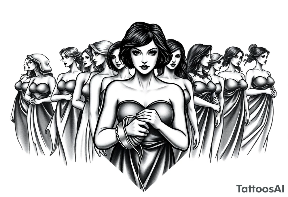 Generate a black and gray shaded image (for a diamond shaped medium forearm tattoo) of a legion of feminists, showing only their heads and shoulders. There is one figure in the front and many standing behind her, they are shadowy and vaguely featured. They do not have defined facial features. The figure in the front represents Clotho from Greek mythology and symbolizes my mother, holding a spool representing spinning the thread of life. This figure in the front has shorter, dark hair, is olive skinned and appears to be of Italian descent but facial features are still not well defined. The other figures' features get less defined the further from the front they are. All of the female figures are strong, but not comically voluptuous. They are of different racial and ethnic backgrounds, representing solidarity of women.

Add the inscription "We are our mother's savage daughters" tattoo idea