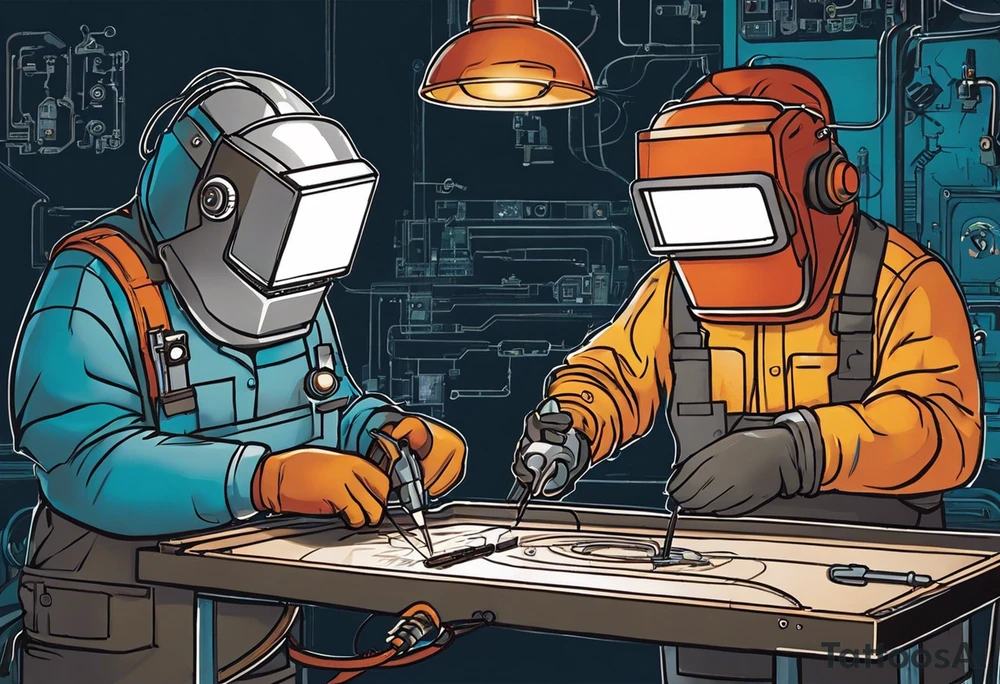 Two 60-year-old characters working together on creating a mechanism made of iron and electronic circuits. The first character is a welder, dressed in a welding suit and mask. The second character is a fitter, wearing a shirt with sleeves rolled up to the forearms and a tool belt. The mechanism they are working on should be in the center of the drawing, with the characters positioned on either side of the mechanism. The sketch should convey a sense of teamwork and craftsmanship tattoo idea