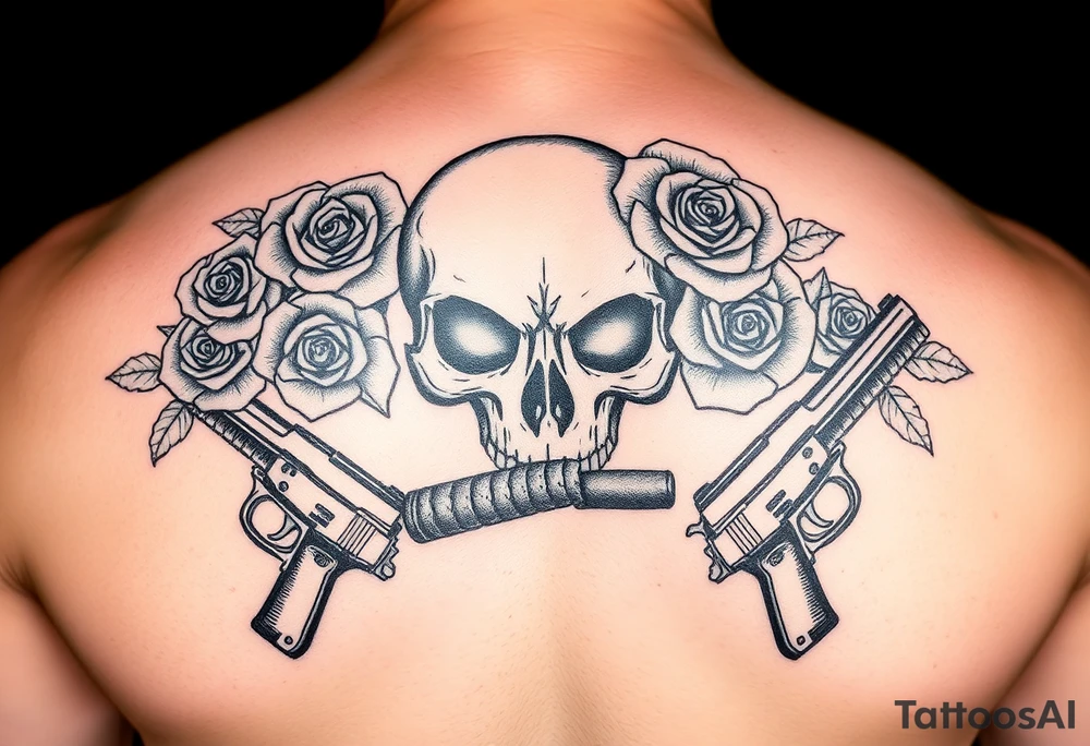 skull,roses,cigar,crossed guns, tattoo idea