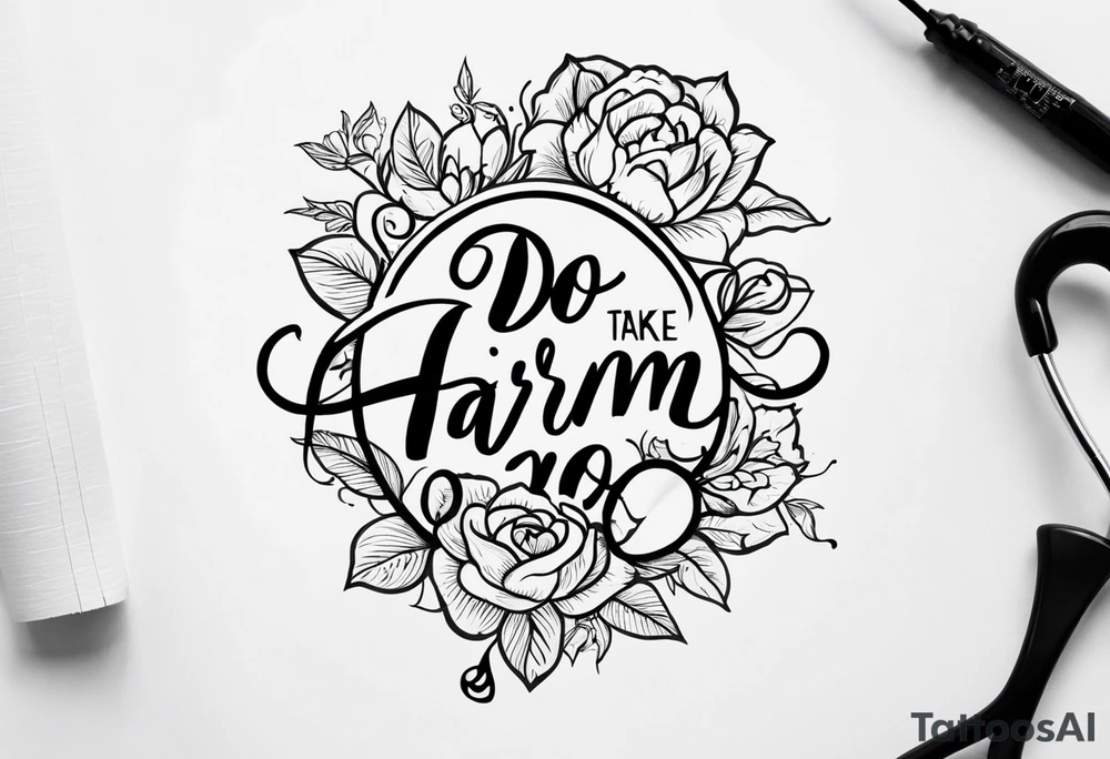 “Do no harm but take no shit” in calligraphy with middle finger and stethoscope for nurse tattoo idea
