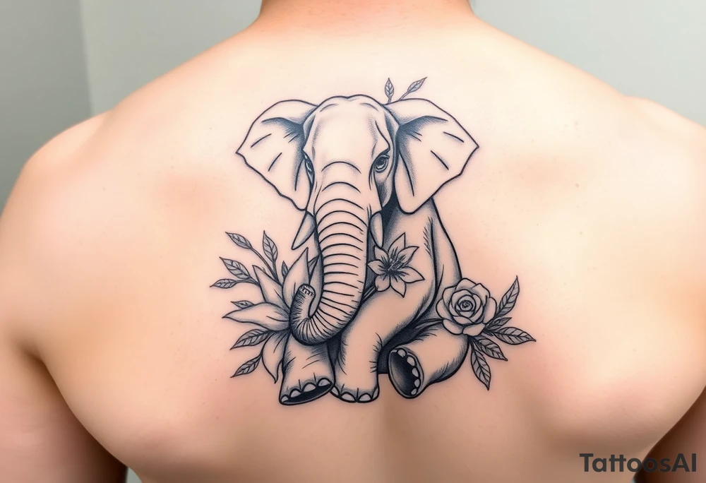 Elephant sitting down holding flowers: lilys, hawthrons, and roses with trunk tattoo idea