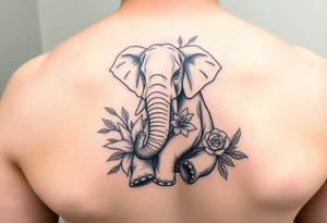 Elephant sitting down holding flowers: lilys, hawthrons, and roses with trunk tattoo idea
