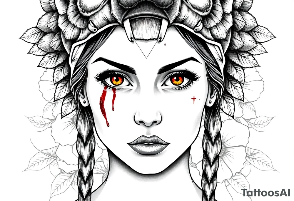 Young Symmetrical Beautiful Woman, looking forward, with colored eyes, shedding a tear, with battle scars and blood on face, with soft look, wearing a mean looking bear headdress on head, with flower background tattoo idea