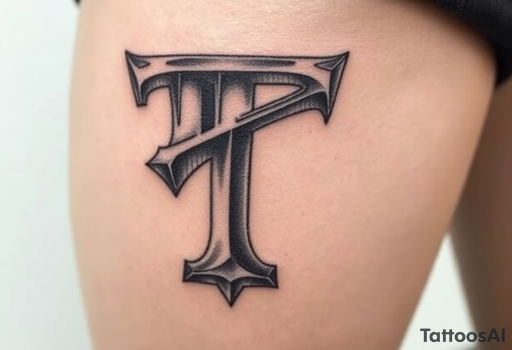 A 3D-styled "T" in steel gray with realistic depth and shading. tattoo idea