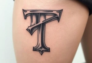 A 3D-styled "T" in steel gray with realistic depth and shading. tattoo idea