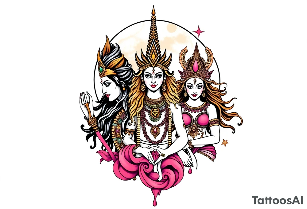 Lord Shiva, Godess Kali, Godess Lilith Together with the moon in the background tattoo idea