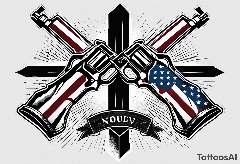 Distressed American flag behind a cross with 2 guns leaned on it simple tattoo idea