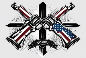 Distressed American flag behind a cross with 2 guns leaned on it simple tattoo idea