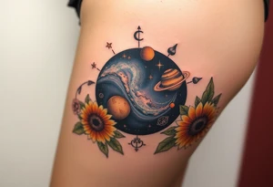 Milky way galaxy with planets with zodiac symbols and protection runes caught in it with tigerlillies roses and sunflowers tattoo idea
