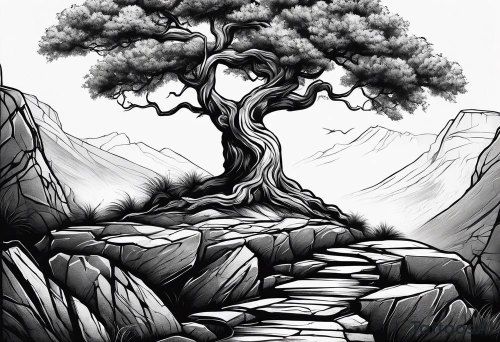 Tree growing out of stone cliff with roots growing in between cracks tattoo idea