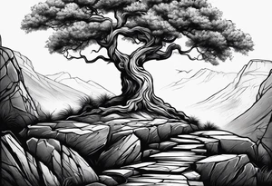 Tree growing out of stone cliff with roots growing in between cracks tattoo idea