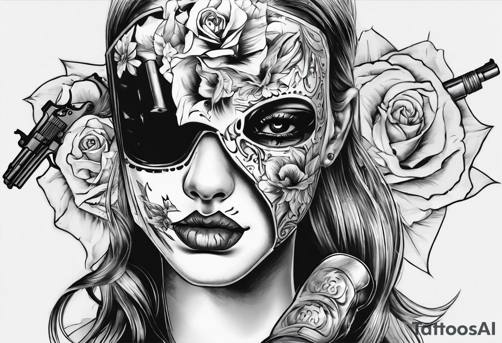 The girl’s face is covered with a mask, next to her is a hand with a pistol.  Sexy gun tattoo idea