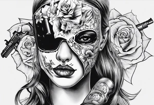 The girl’s face is covered with a mask, next to her is a hand with a pistol.  Sexy gun tattoo idea