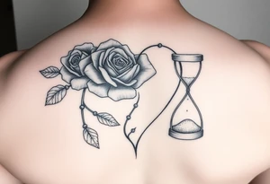 Arose in the shape of a heart with pieces of the Rose blowing away in the wind and the other half an hourglass with the sand out of time black and white feminine realistic tattoo idea