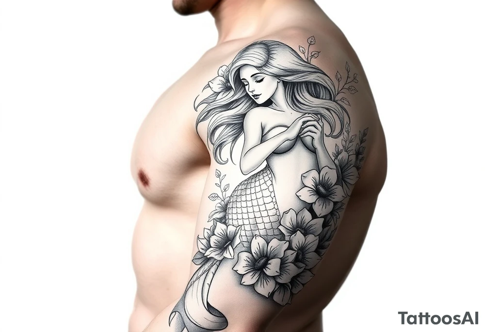 ethereal mermaid with flowing hair among coral and sea flowers tattoo idea