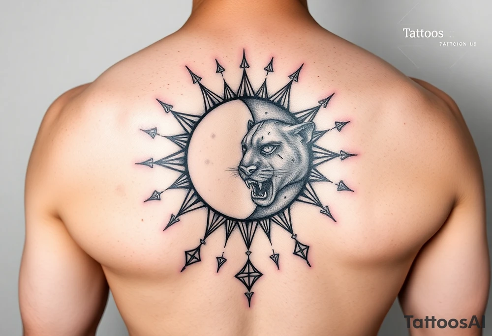 celestial sun and moon embrace with panther constellation patterns tattoo idea