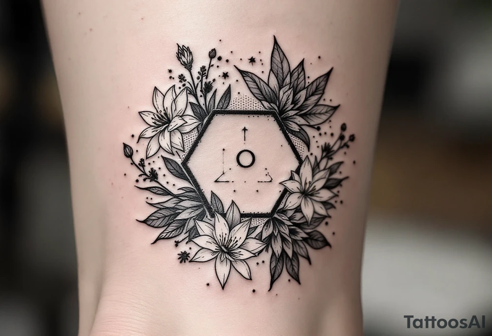 hexagon with Leo astrological symbol surrounded by larkspurs and water lilies tattoo idea