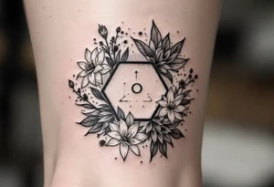 hexagon with Leo astrological symbol surrounded by larkspurs and water lilies tattoo idea