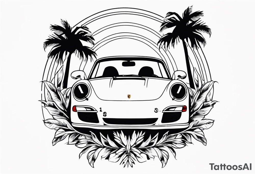 laurel wreath with porsche car inside and palm tree tattoo idea