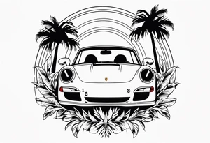 laurel wreath with porsche car inside and palm tree tattoo idea