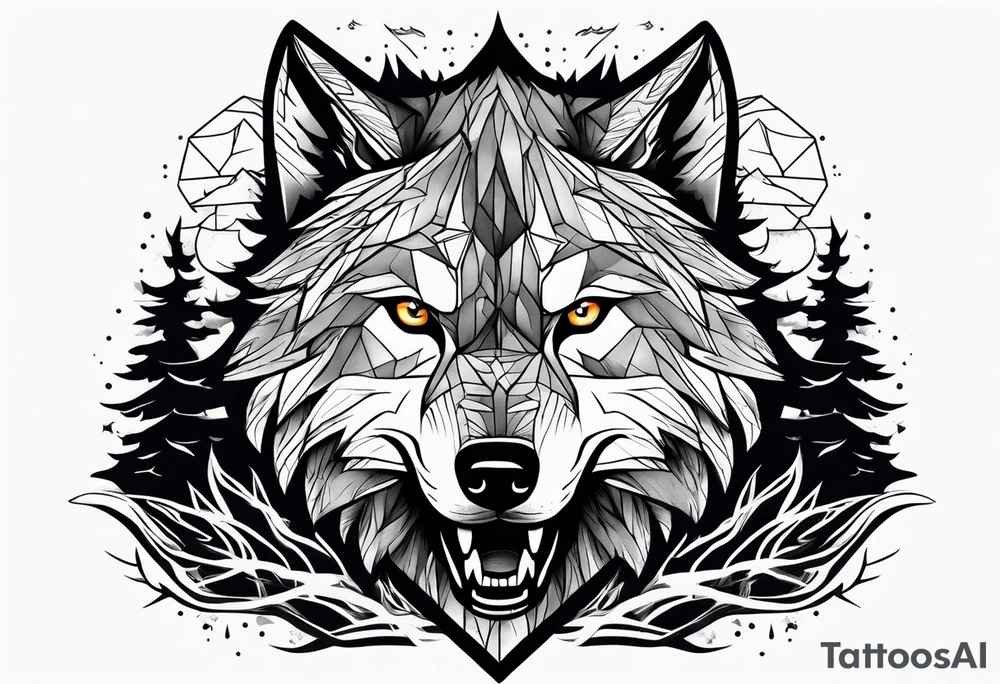 Powerful storm raging through forest with an alpha wolf snarling tattoo idea