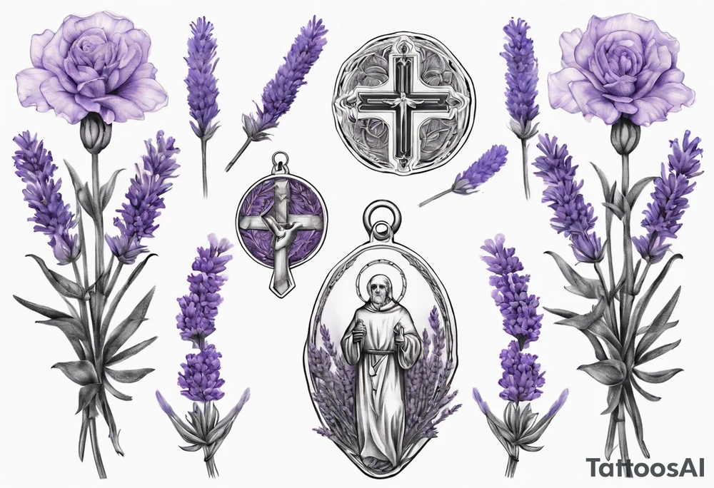 Double exposure of lavender flowers with the Saint Benedict medal, for a tattoo tattoo idea
