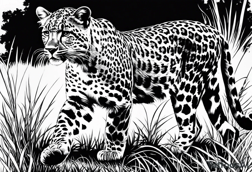 baby leopard walking with gras in the background tattoo idea
