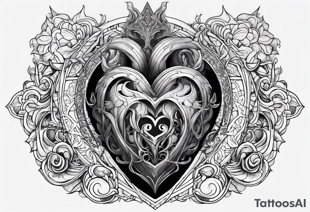 Vertical full sleeve. Lovecraftian creature, protecting a heart. tattoo idea