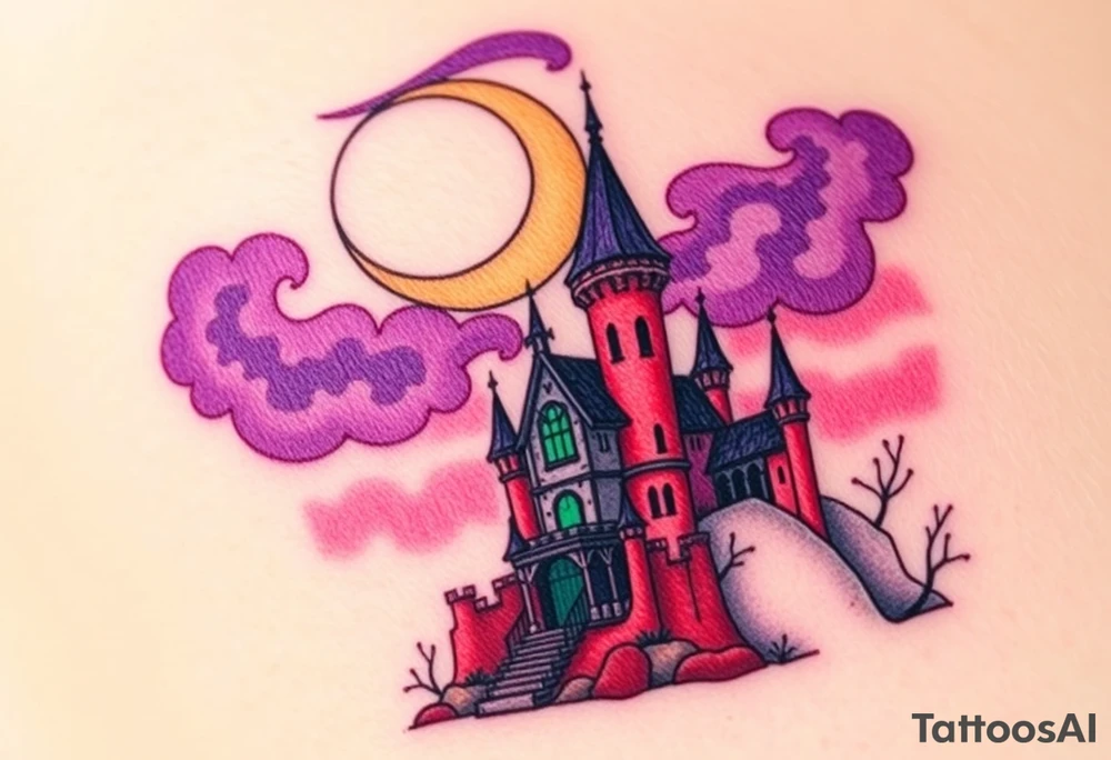 Tim Burton’s disney sleeping beauty’s haunted castle is abandoned and dripping with muted reds, dusty pinks, and eerie green glow.purple and cyan smokey clouds swirl in the crescent moonlit sky thats sprinkled with stars tattoo idea tattoo idea