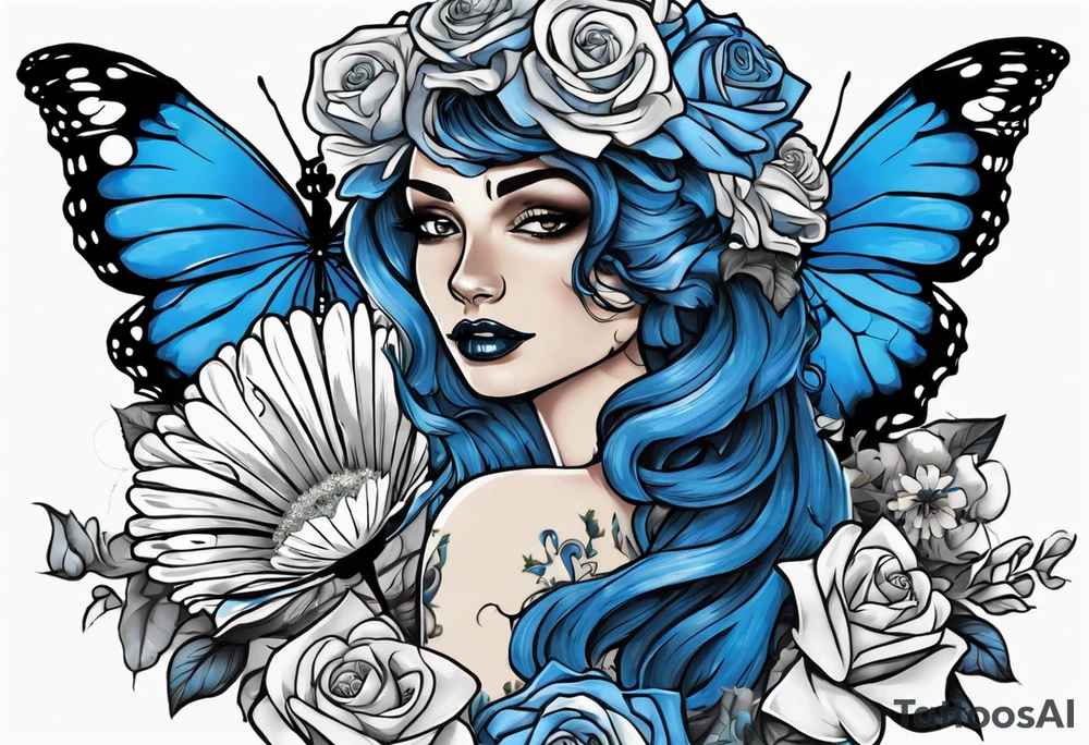 corps bride Emely. she is wearing a wedding dress. the vail on her head. she is holding a bouquet of blue roses in the middle of the bouquet  there is one white daisy. there is a Blue Morpho butterfly flying above the white daisy. A full moon on the background. tattoo idea