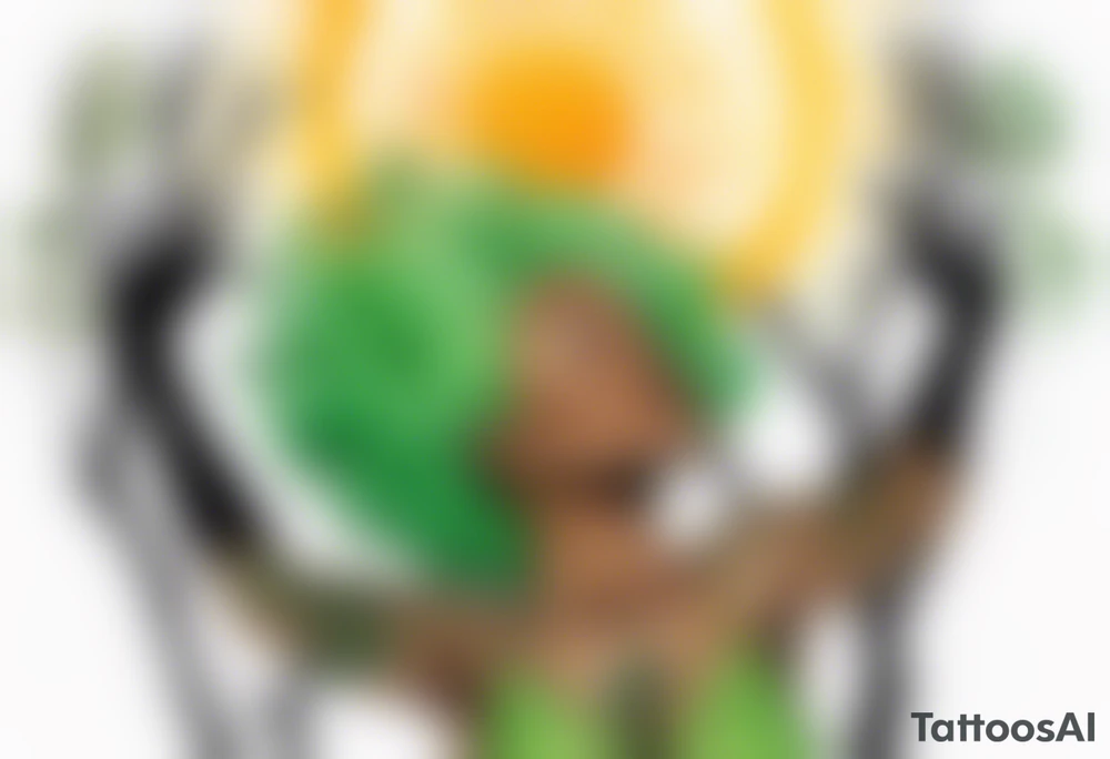 a black woman with green hair, her feet are tree roots, arms raised towards the sun tattoo idea