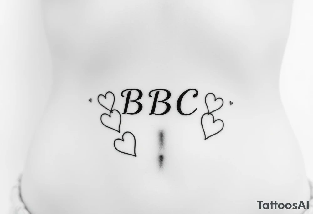 text reading "BBC" across a womb tattoo surrounded by hearts tattoo idea