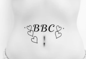 text reading "BBC" across a womb tattoo surrounded by hearts tattoo idea