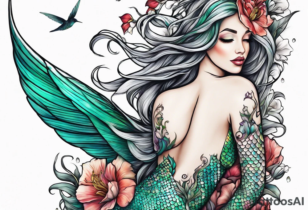 Mermaid holding hummingbird tattoo idea