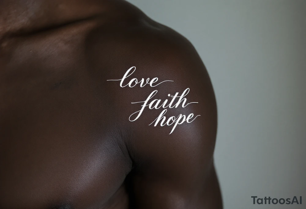 Tattoo in white ink on dark skin, featuring delicate serif lettering and a silver-lined halo above the word "love faith hope. tattoo idea