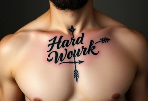 chest tattoo with japanese writing of hard work combined with bow and arrow tattoo idea