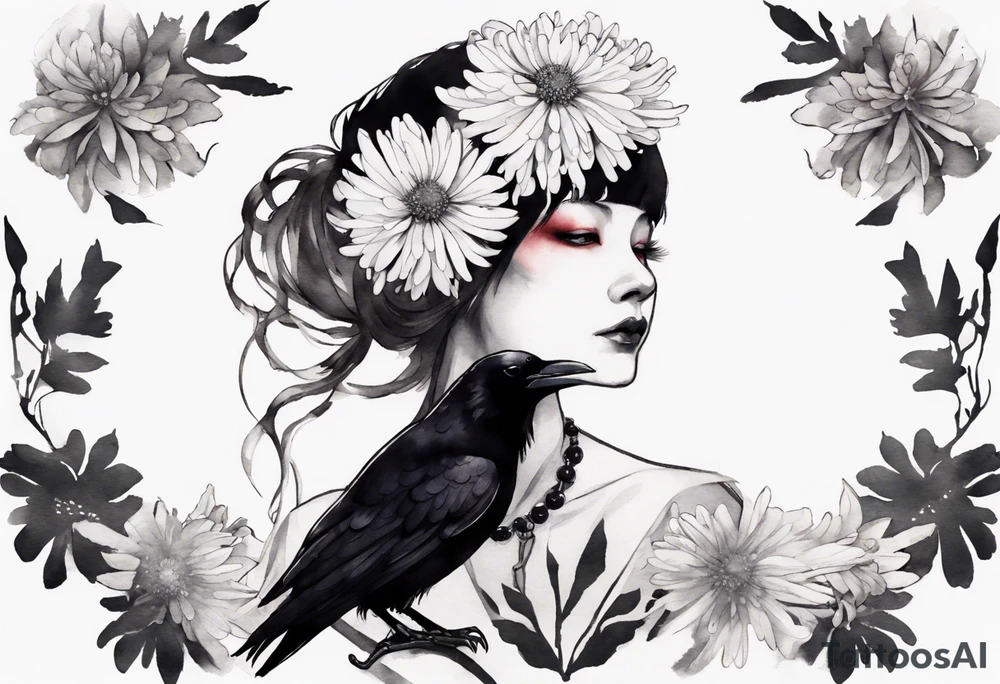 a raven with a small white chrysanthemum headband tattoo idea