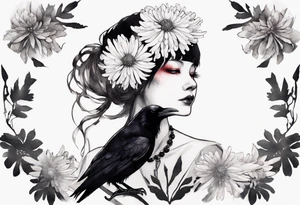 a raven with a small white chrysanthemum headband tattoo idea