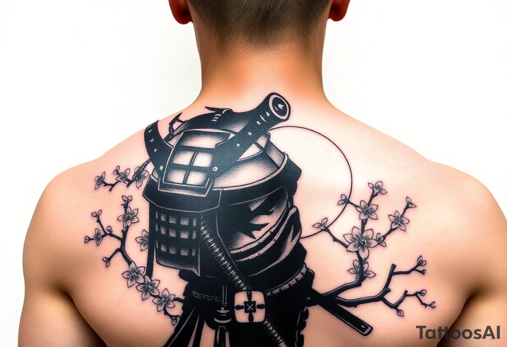 noble samurai warrior silhouette at sunset with cherry blossoms tattoo idea