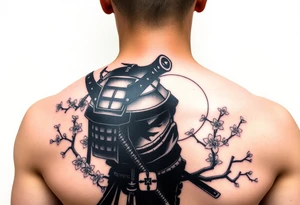 noble samurai warrior silhouette at sunset with cherry blossoms tattoo idea