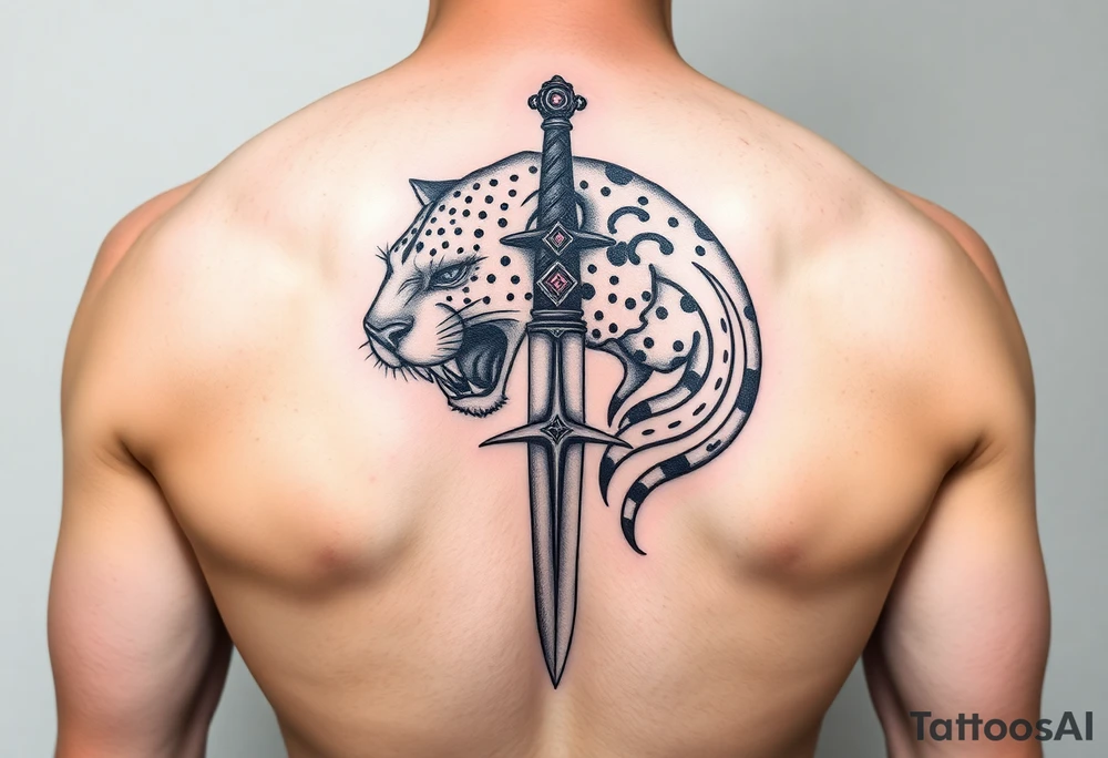 mystical panther around an ancient dagger with jeweled hilt tattoo idea