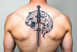 mystical panther around an ancient dagger with jeweled hilt tattoo idea