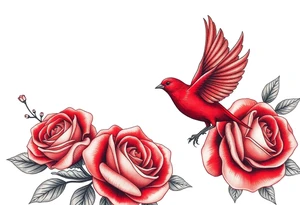 Vintage lace, red roses close together, bright red bird flying freely tattoo idea