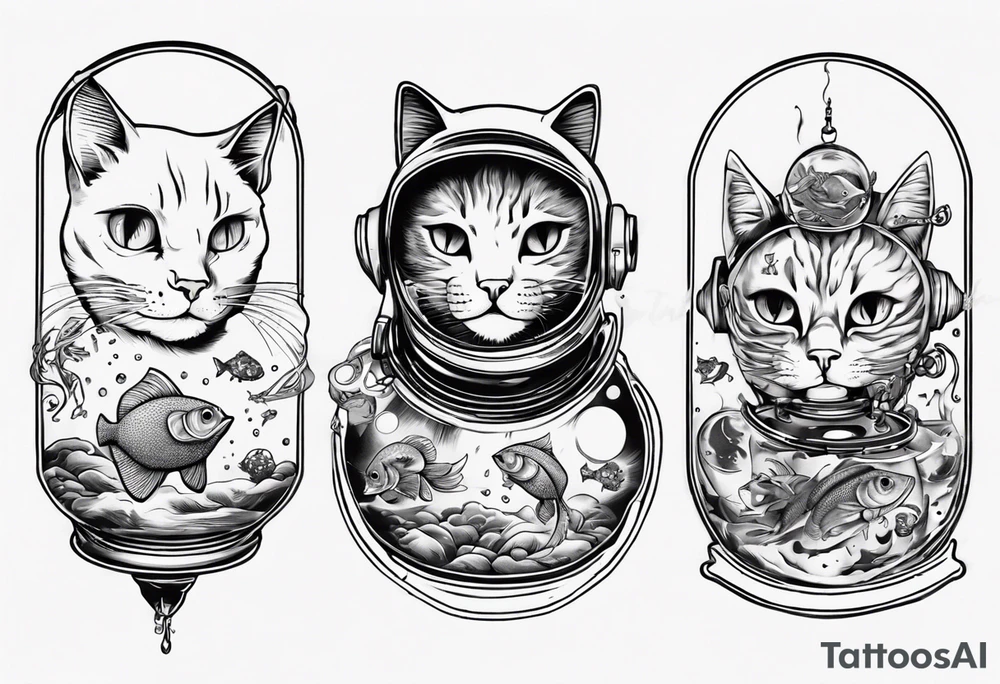 Space cat with a fish bowl on head tattoo idea