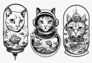 Space cat with a fish bowl on head tattoo idea