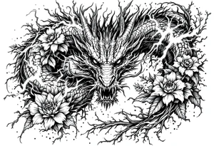 scary dragon with thunders and flowers as a filler tattoo idea